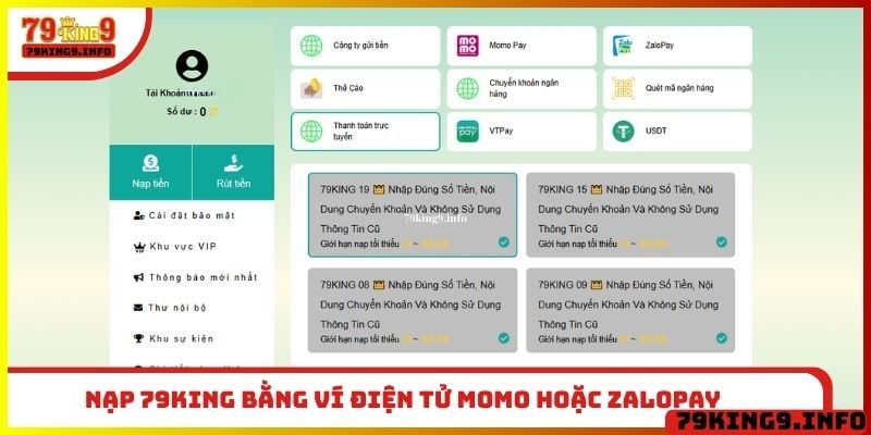 Nạp 79King bằng ví điện tử Momo hoặc ZaloPay