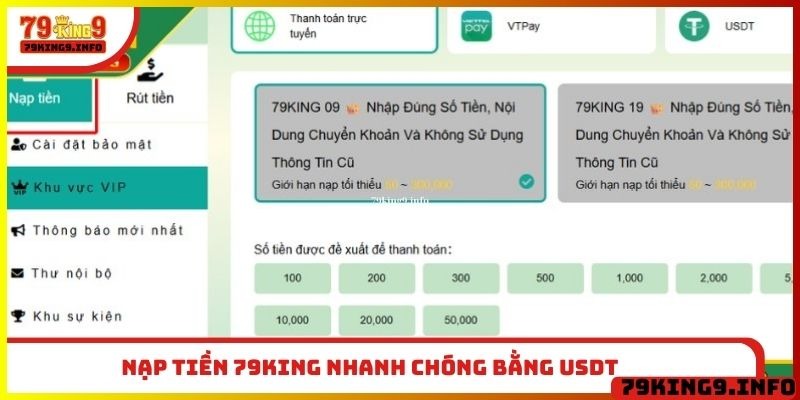 Nạp tiền 79King nhanh chóng bằng USDT