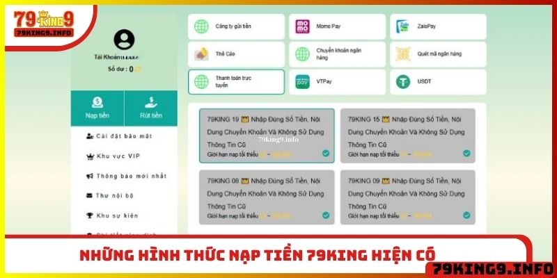 Những hình thức nạp tiền 79King hiện có